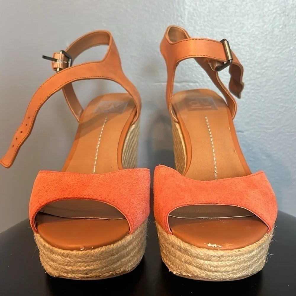 Dolce Vita Espadrille Wedge Heels, faux suede, orange and brown, women’s size 8